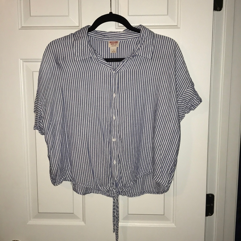 White and Blue Tied Striped Blouse